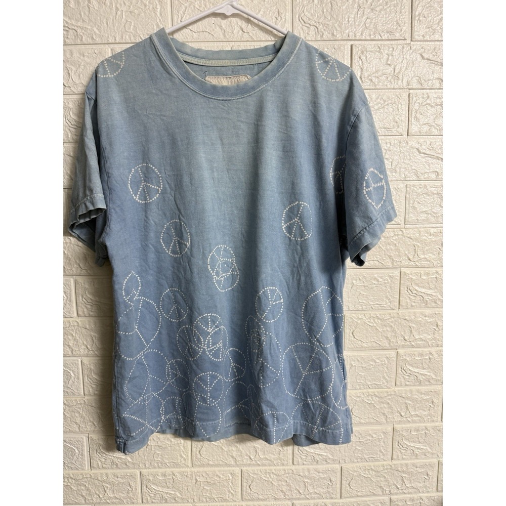 Story Mfg Peace Design Blue 100% Organic Cotton Mens T-Shirt Size Medium